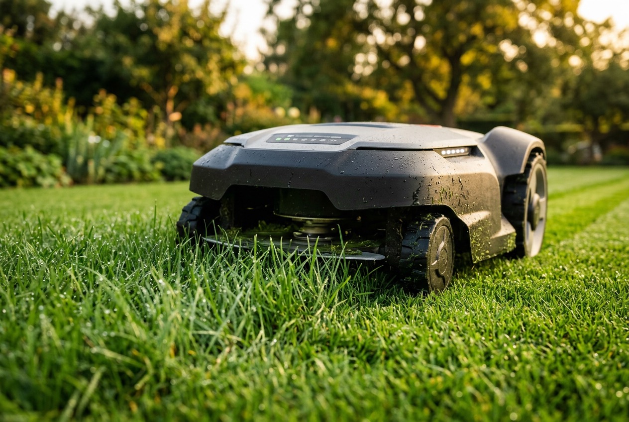 Close-up of a robotic mower cutting striped grass