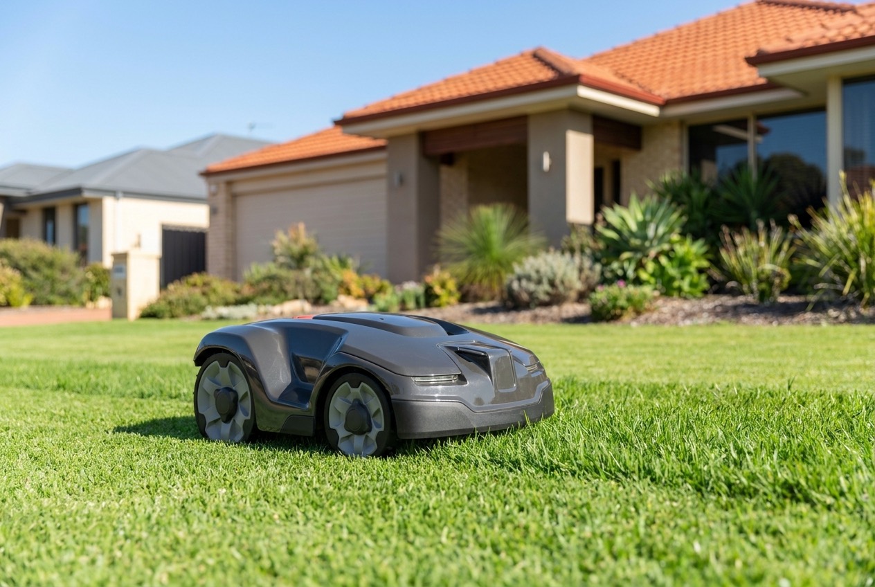 Robotic mower on a suburban lawn